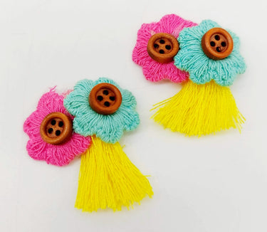 Pink and Blue Floral Applique With Wooden Buttons and Yellow Tassel x 2